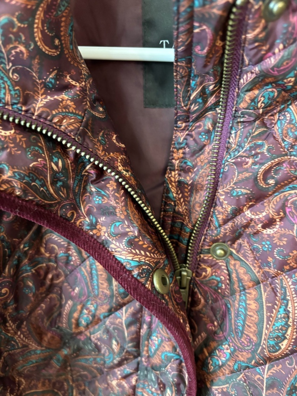 Talbots Quilted Paisley Puffer Jacket - Burgundy with Teal Accents - Picture 6 of 9